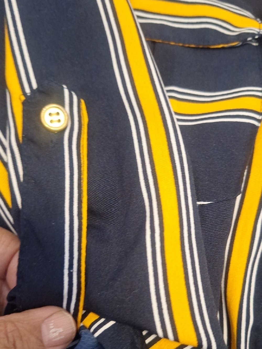 Speed Control Navy Stripe Button-Front Shirt Dress with Yellow Accents - Picture 9 of 9